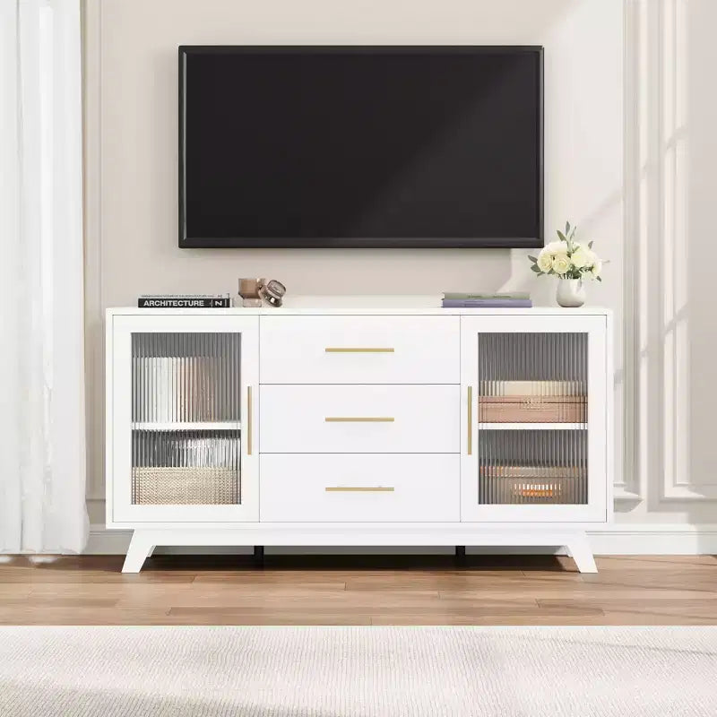 COZONY 56 Sideboard Buffet Cabinet with 2 Fluted Glass Doors, 3 Large Drawers Modern Coffee Bar for Kitchen Dining Living Room