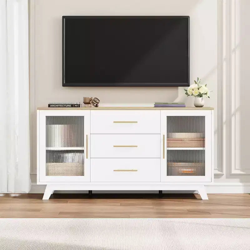 56 Sideboard Buffet Cabinet with 2 Fluted Glass Doors, 3 Large Drawers Modern Coffee Bar for Kitchen Dining Living Room