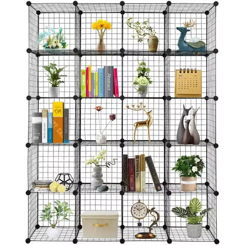 Acekool 20-Cube DIY Modular Storage Organizer, Wire Mesh Multi-Unit Bookshelf and Shelves, Adjustable Design, Black