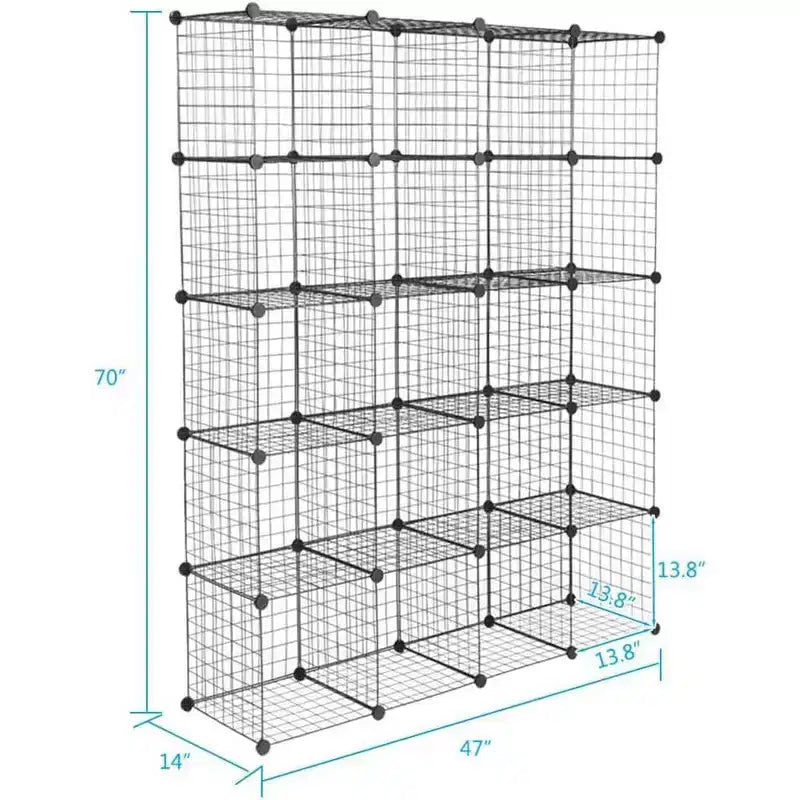 20-Cube DIY Modular Storage Organizer, Wire Mesh Multi-Unit Bookshelf and Shelves, Adjustable Design, Black