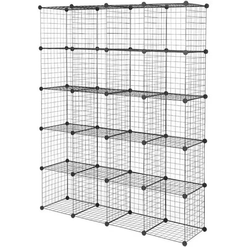 Organisateur de rangement modulaire DIY 20 cubes, étagère et tablettes multi-unités en treillis métallique, design réglable, noir