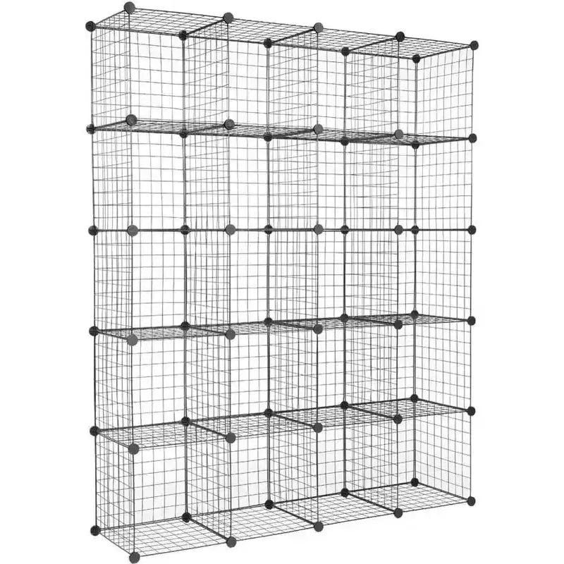 Organisateur de rangement modulaire DIY 20 cubes, étagère et tablettes multi-unités en treillis métallique, design réglable, noir