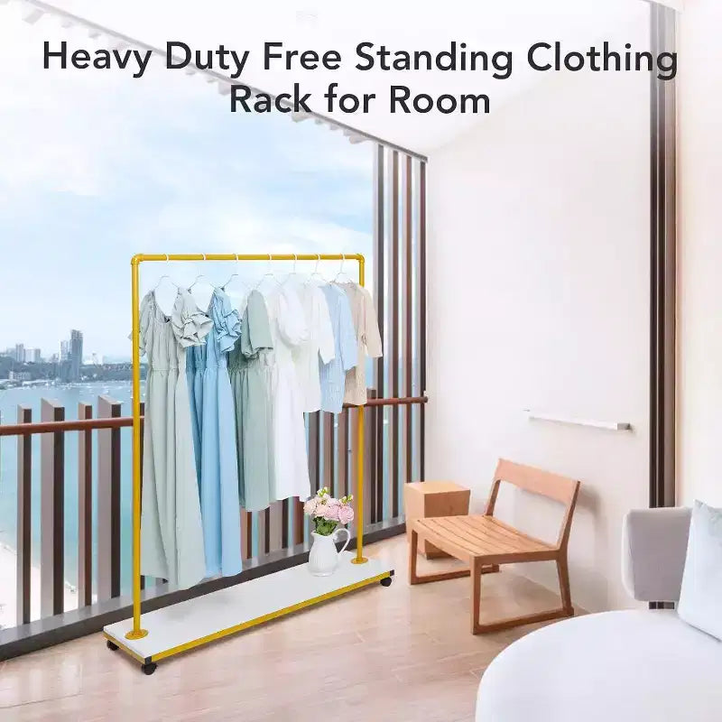 Gold Rolling Clothing Rack - Heavy Duty Metal Garment Rack with Wheels & Shelves for Home/Boutique