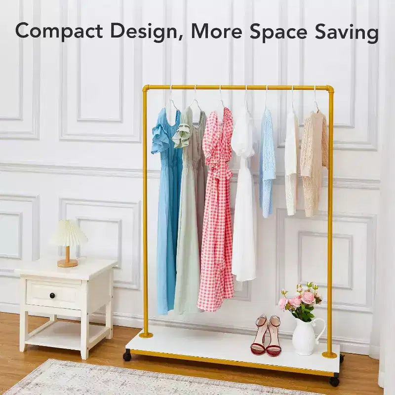 Gold Rolling Clothing Rack - Heavy Duty Metal Garment Rack with Wheels & Shelves for Home/Boutique