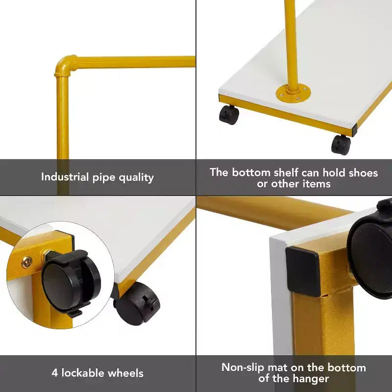 Gold Rolling Clothing Rack - Heavy Duty Metal Garment Rack with Wheels & Shelves for Home/Boutique