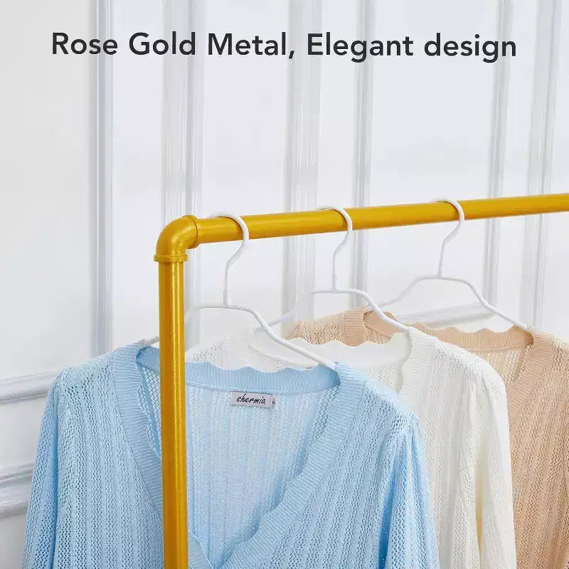 Gold Rolling Clothing Rack - Heavy Duty Metal Garment Rack with Wheels & Shelves for Home/Boutique