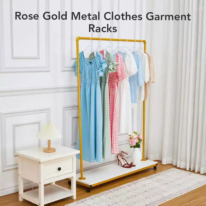 Gold Rolling Clothing Rack - Heavy Duty Metal Garment Rack with Wheels & Shelves for Home/Boutique