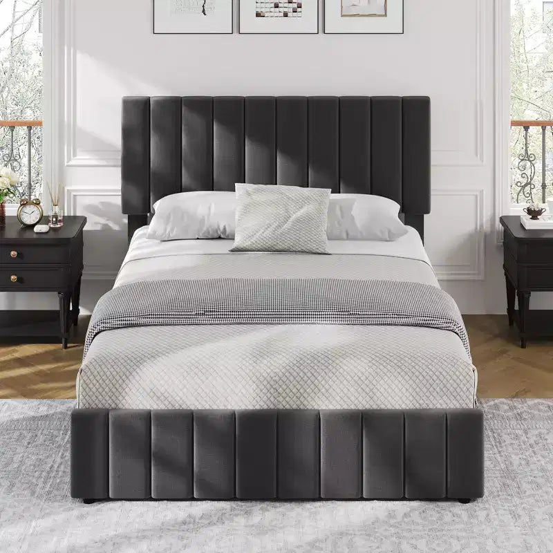 Bed Frame, Platform Bed with 4 Storage Drawers - Adjustable Headboard, Wooden Slats Support, No Box Spring Needed