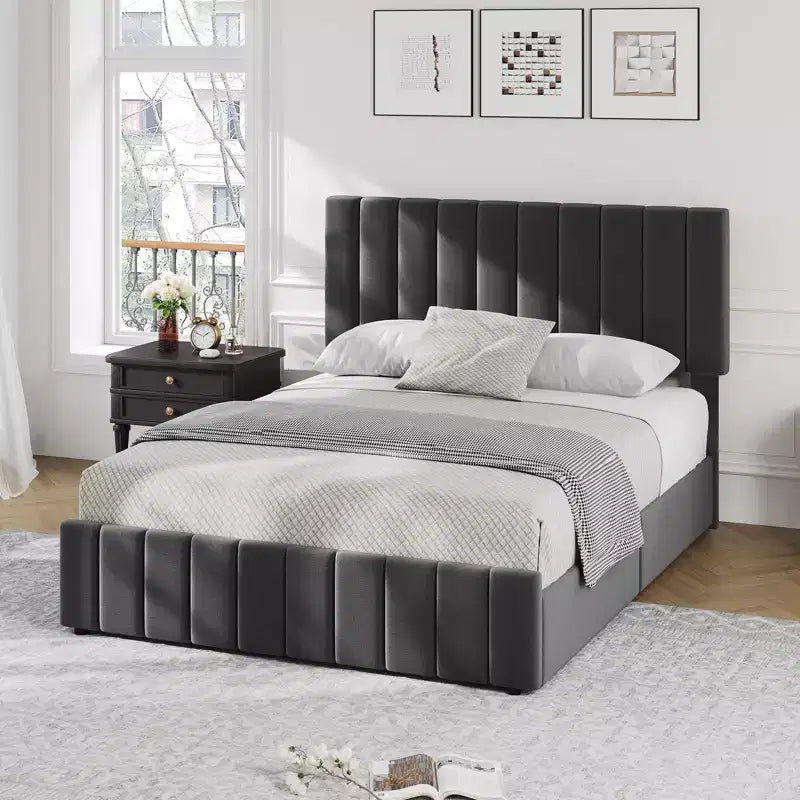 Bed Frame, Platform Bed with 4 Storage Drawers - Adjustable Headboard, Wooden Slats Support, No Box Spring Needed
