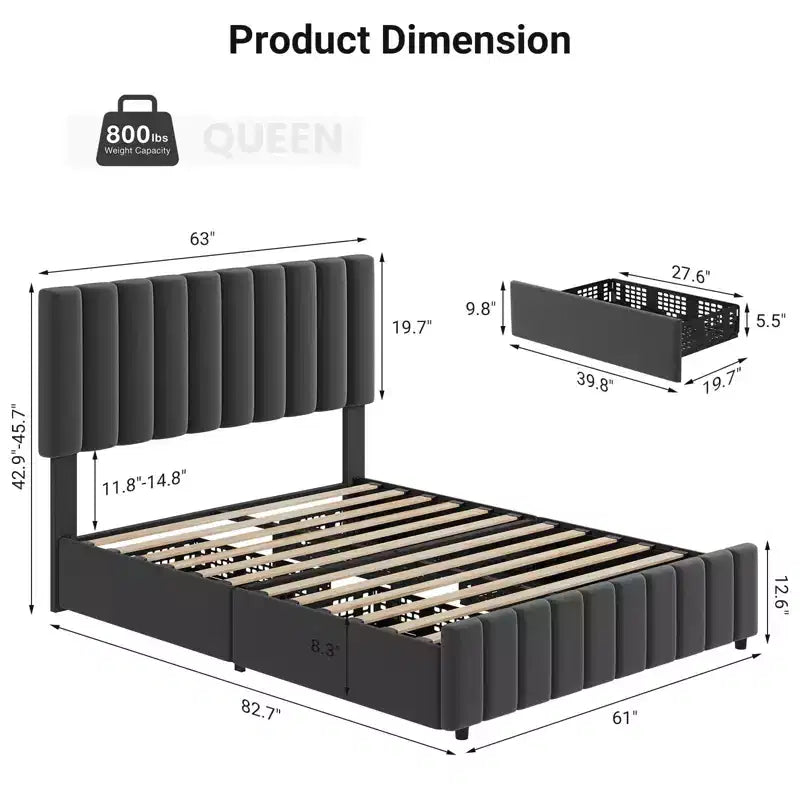 Bed Frame, Platform Bed with 4 Storage Drawers - Adjustable Headboard, Wooden Slats Support, No Box Spring Needed