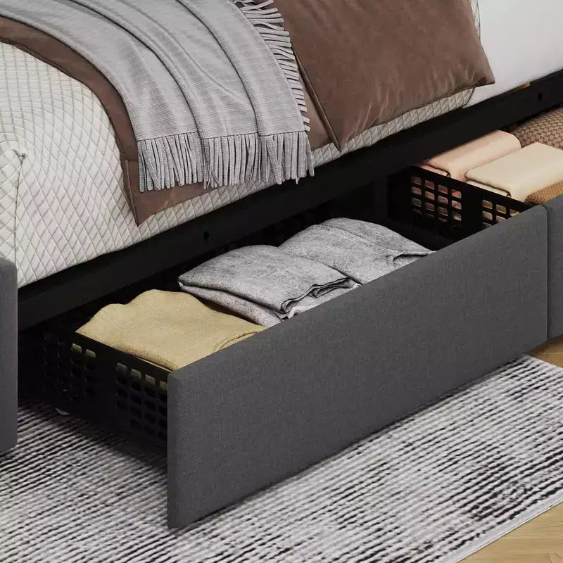 Bed Frame, Platform Bed with 4 Storage Drawers - Adjustable Headboard, Wooden Slats Support, No Box Spring Needed
