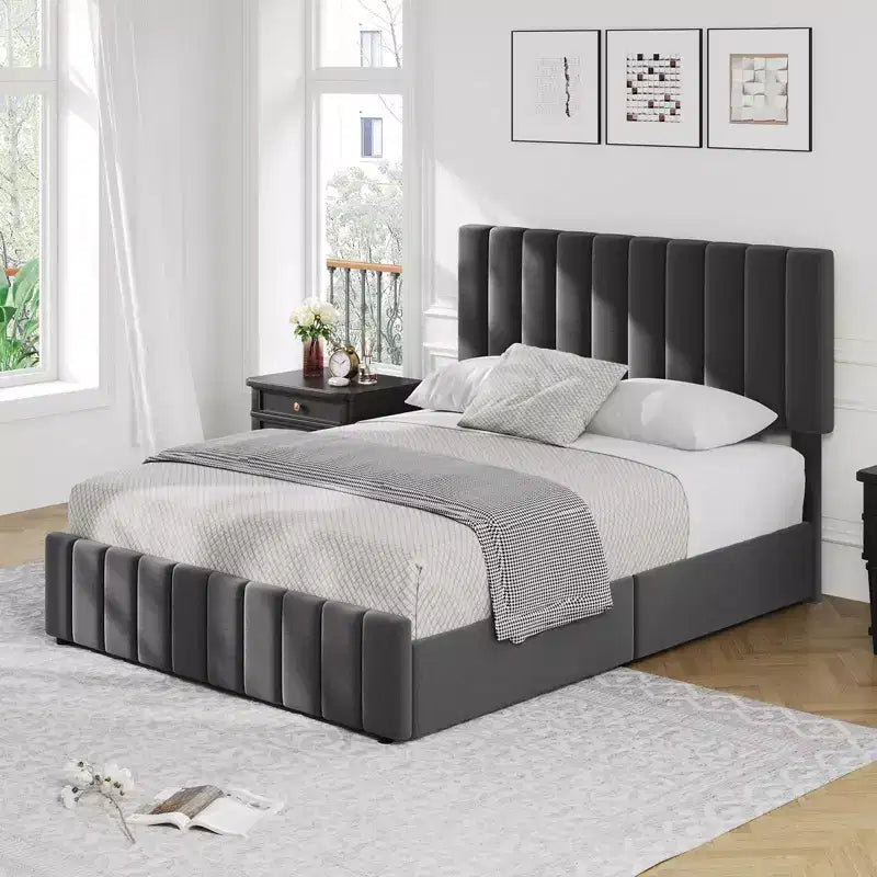 Bed Frame, Platform Bed with 4 Storage Drawers - Adjustable Headboard, Wooden Slats Support, No Box Spring Needed