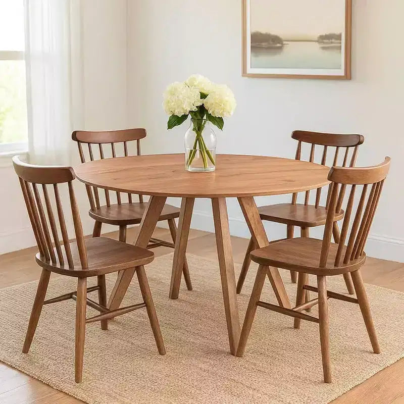 Royal Hampton Dining Table | 47 Round Top | Handmade Natural Brown Mango Wood | Angled Four Legged Base