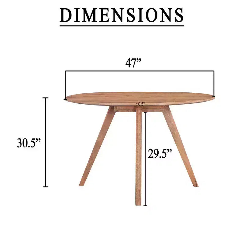 Royal Hampton Dining Table | 47 Round Top | Handmade Natural Brown Mango Wood | Angled Four Legged Base