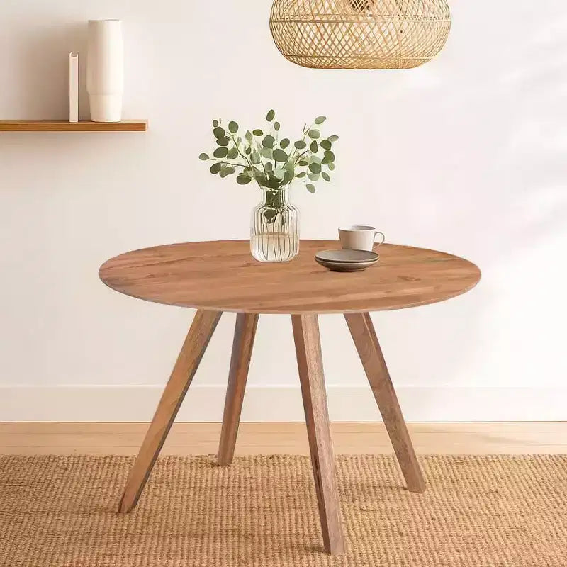 Royal Hampton Dining Table | 47 Round Top | Handmade Natural Brown Mango Wood | Angled Four Legged Base