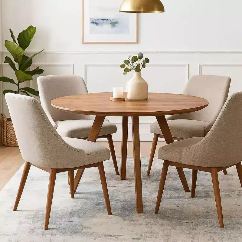 Royal Hampton Dining Table | 47 Round Top | Handmade Natural Brown Mango Wood | Angled Four Legged Base