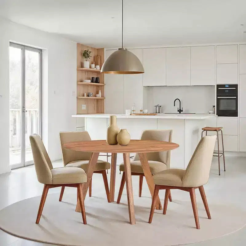 Royal Hampton Dining Table | 47 Round Top | Handmade Natural Brown Mango Wood | Angled Four Legged Base