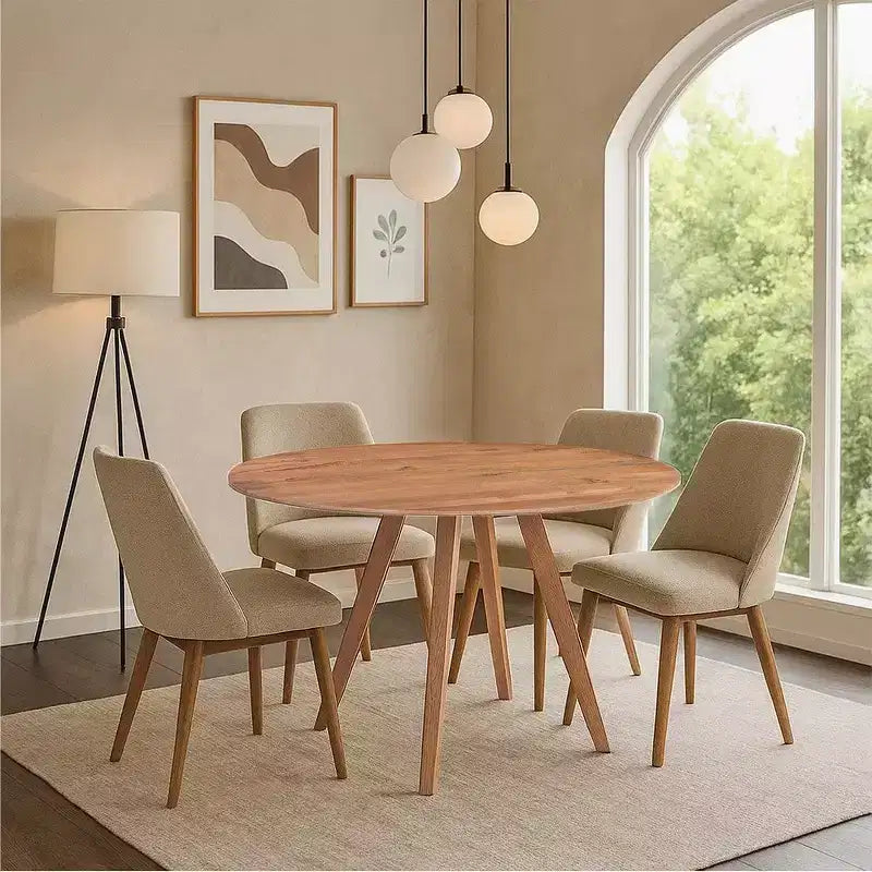 Royal Hampton Dining Table | 47 Round Top | Handmade Natural Brown Mango Wood | Angled Four Legged Base