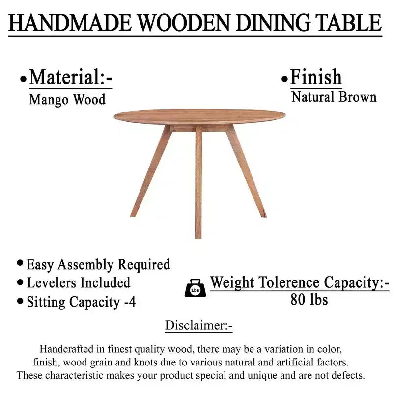 Royal Hampton Dining Table | 47 Round Top | Handmade Natural Brown Mango Wood | Angled Four Legged Base