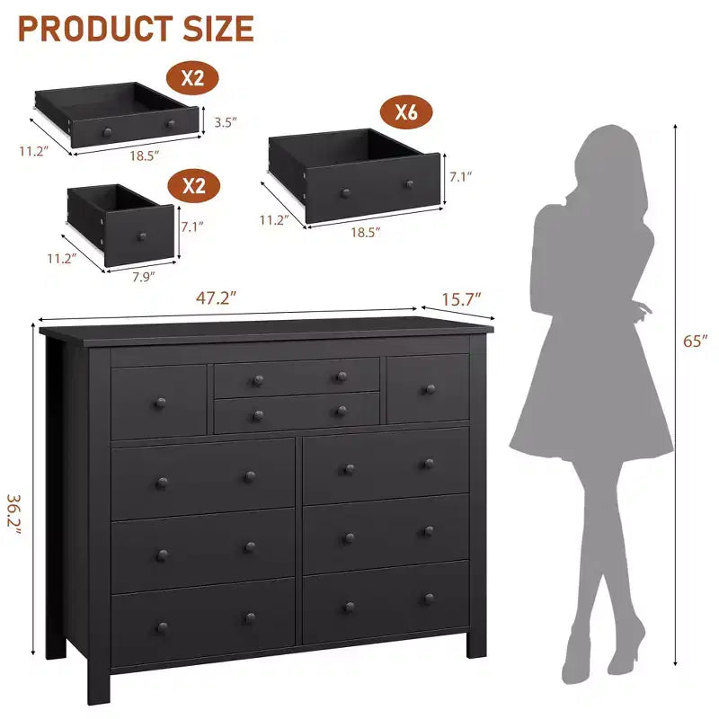 10 Drawer Dresser for Bedroom, 47W Wooden Chest of Drawers, Clothes Storage Organizer, Dresser TV Stand for Living Room Hallway Bedroom