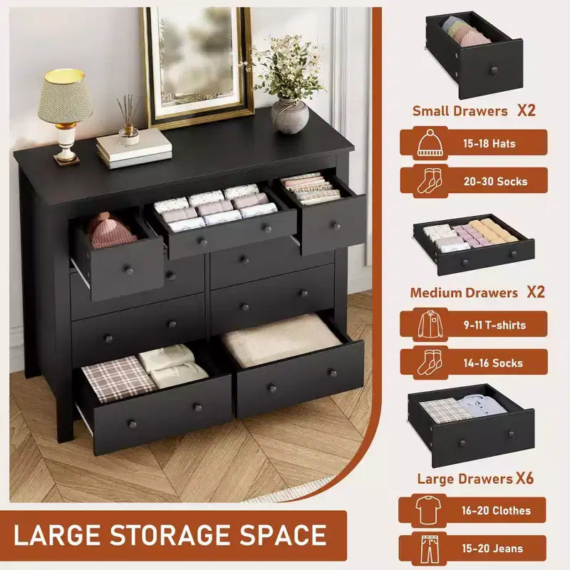 10 Drawer Dresser for Bedroom, 47W Wooden Chest of Drawers, Clothes Storage Organizer, Dresser TV Stand for Living Room Hallway Bedroom