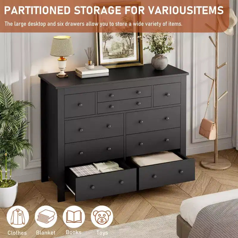 10 Drawer Dresser for Bedroom, 47W Wooden Chest of Drawers, Clothes Storage Organizer, Dresser TV Stand for Living Room Hallway Bedroom