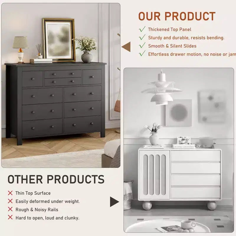 10 Drawer Dresser for Bedroom, 47W Wooden Chest of Drawers, Clothes Storage Organizer, Dresser TV Stand for Living Room Hallway Bedroom