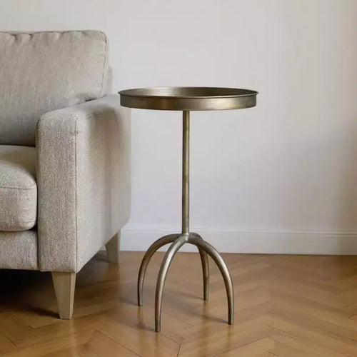 23 Brass Distressed Iron Round Pedestal Tray Top End Table