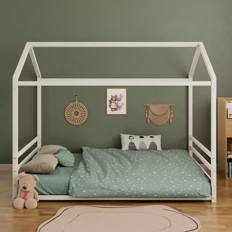 Jeremy Full Size Metal Floor Bed Frame with House Shape and Guardrails