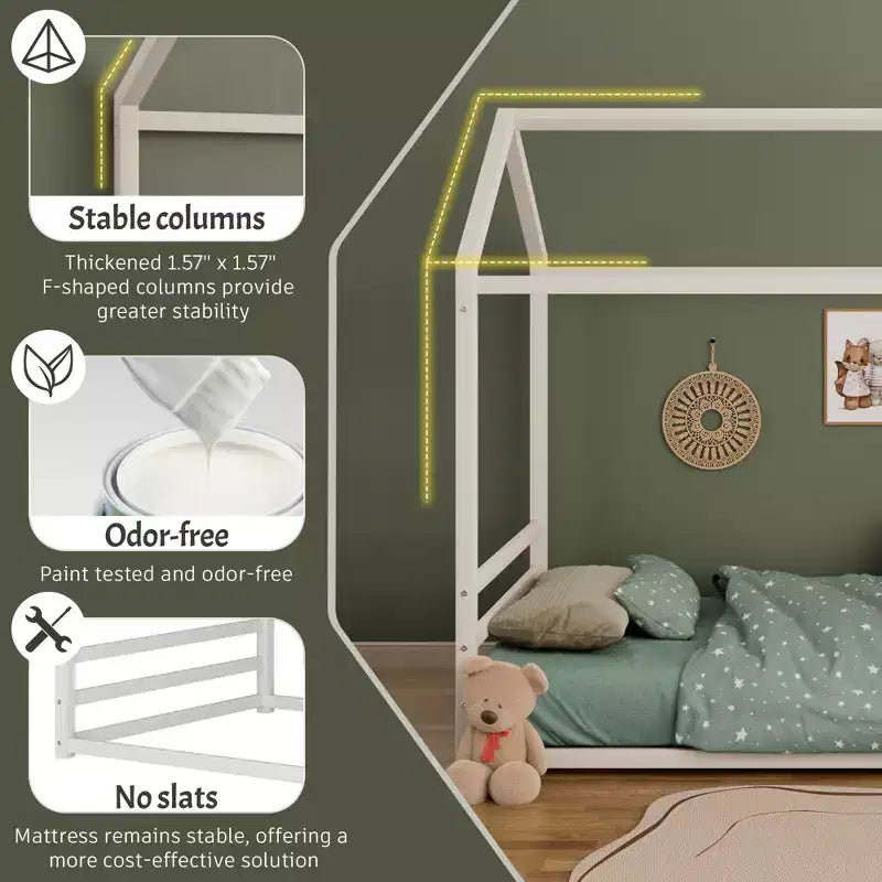 Jeremy Full Size Metal Floor Bed Frame with House Shape and Guardrails