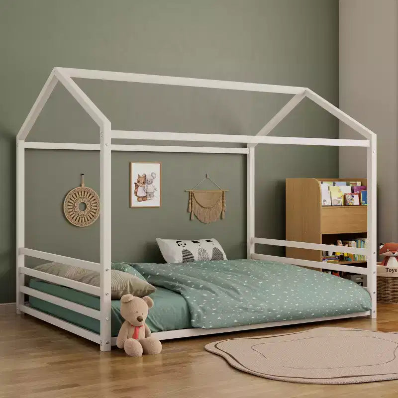 Jeremy Full Size Metal Floor Bed Frame with House Shape and Guardrails