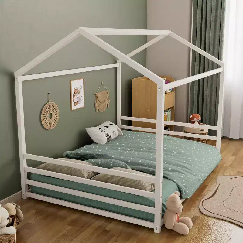 Jeremy Full Size Metal Floor Bed Frame with House Shape and Guardrails