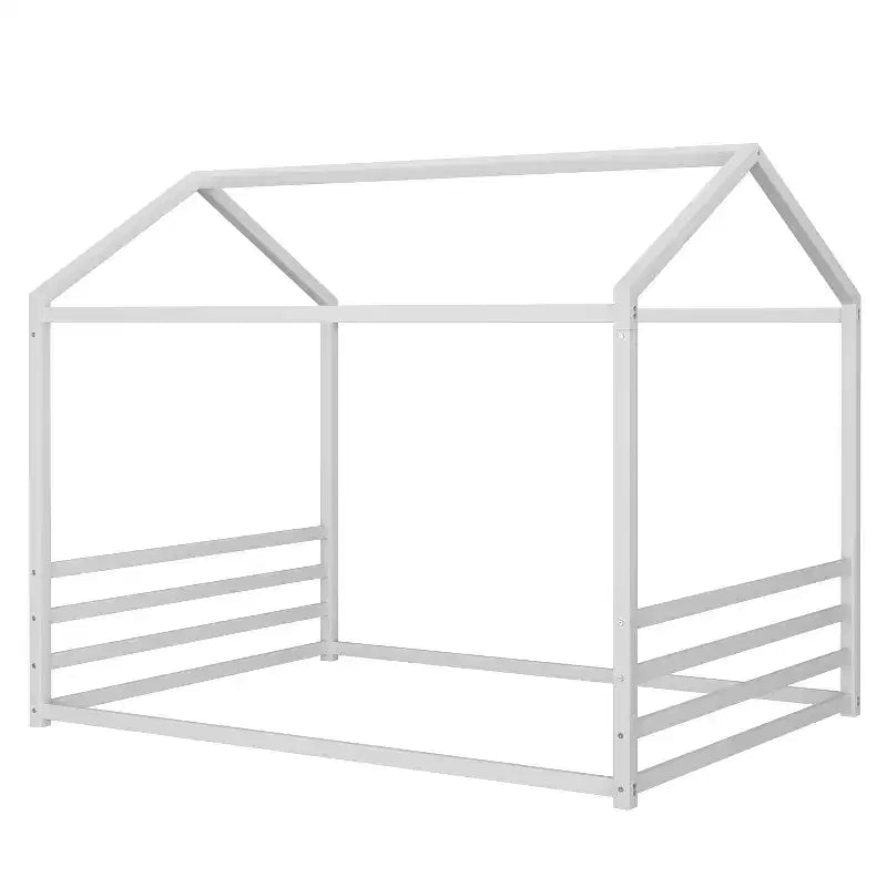 Jeremy Full Size Metal Floor Bed Frame with House Shape and Guardrails