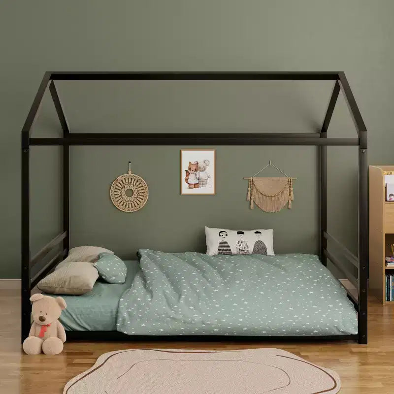 Jeremy Full Size Metal Floor Bed Frame with House Shape and Guardrails