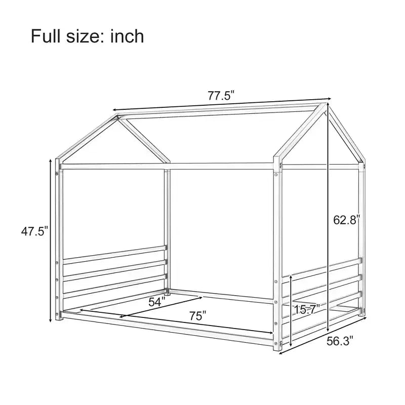 Jeremy Full Size Metal Floor Bed Frame with House Shape and Guardrails