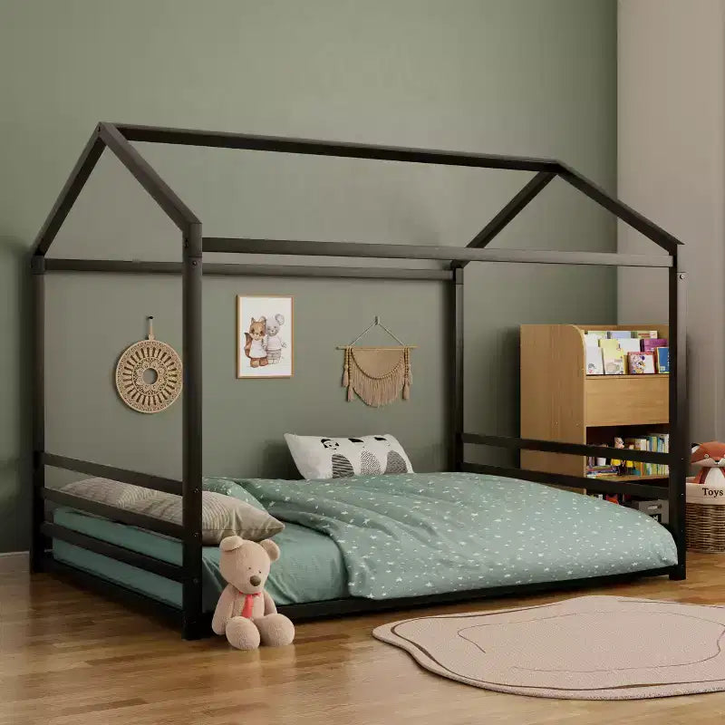 Jeremy Full Size Metal Floor Bed Frame with House Shape and Guardrails