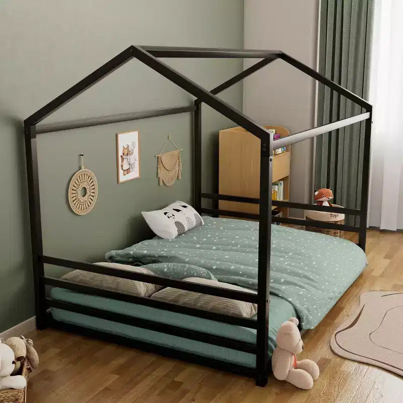 Jeremy Full Size Metal Floor Bed Frame with House Shape and Guardrails