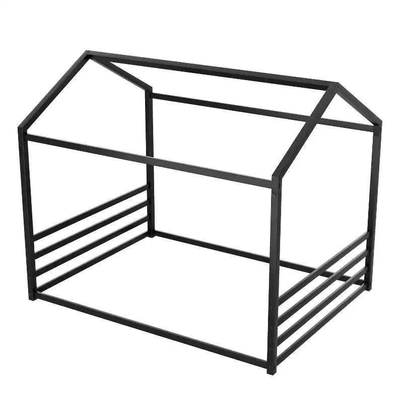 Jeremy Full Size Metal Floor Bed Frame with House Shape and Guardrails