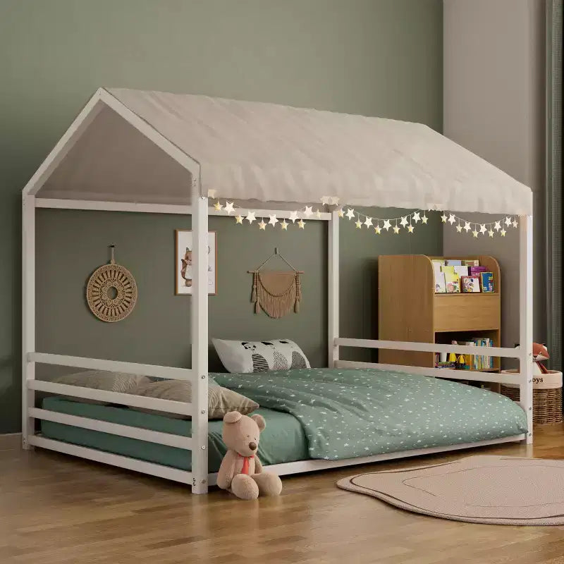 Jeremy Full Size Metal Floor Bed Frame with House Shape and Guardrails