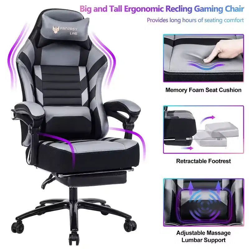High-Back Gaming Chair, Ergonomic Office Chair with Foldable Footrest, Height-Adjustable Comfy Chair for Study, Gaming Room