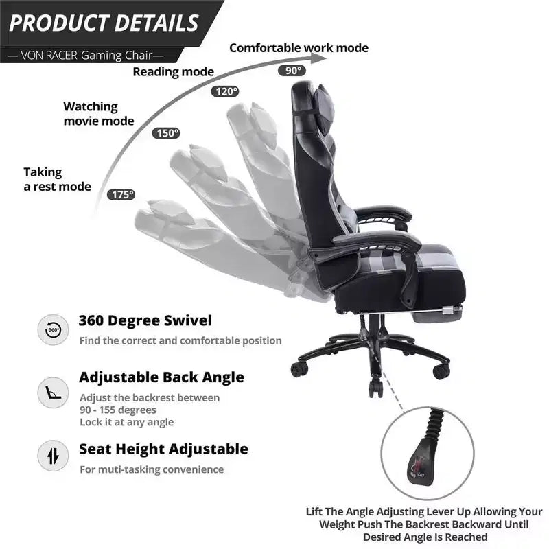High-Back Gaming Chair, Ergonomic Office Chair with Foldable Footrest, Height-Adjustable Comfy Chair for Study, Gaming Room