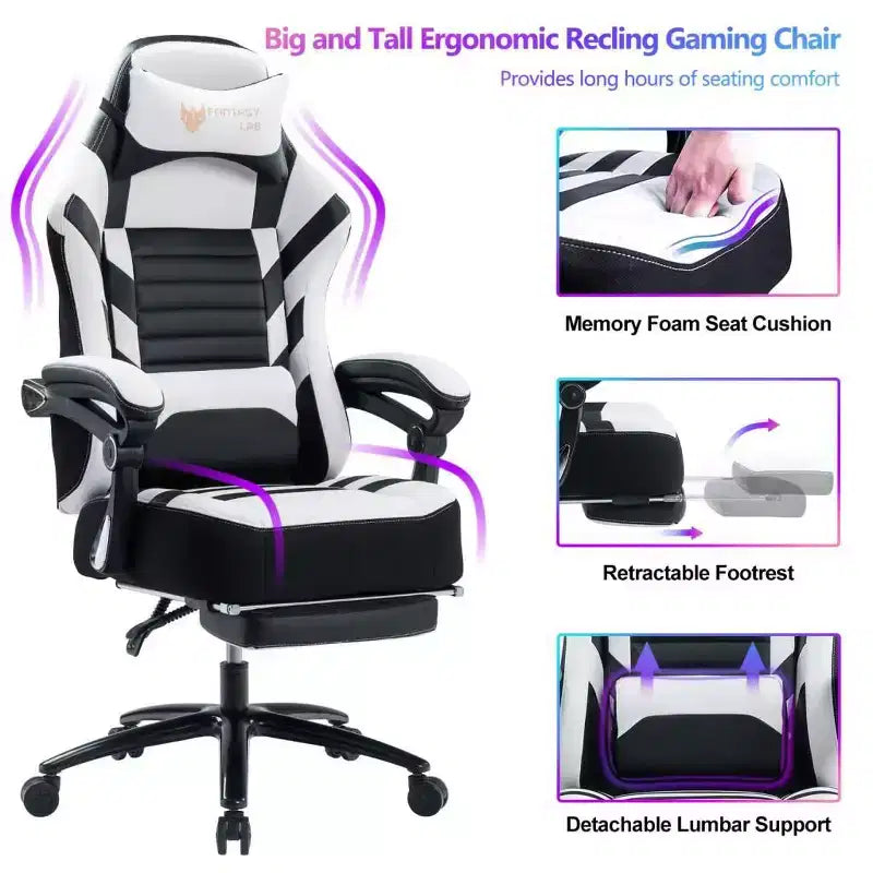 High-Back Gaming Chair, Ergonomic Office Chair with Foldable Footrest, Height-Adjustable Comfy Chair for Study, Gaming Room