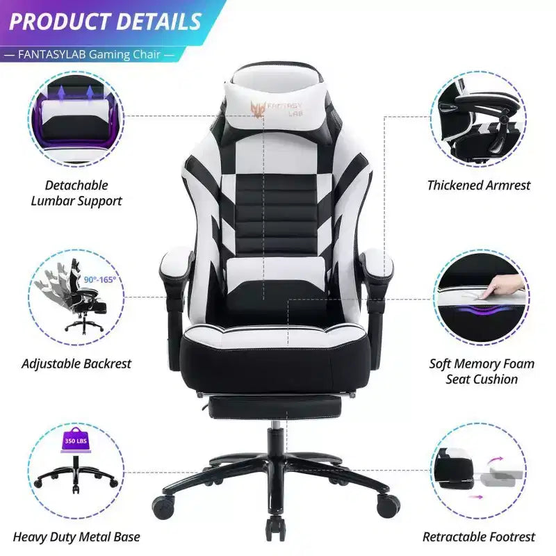 High-Back Gaming Chair, Ergonomic Office Chair with Foldable Footrest, Height-Adjustable Comfy Chair for Study, Gaming Room