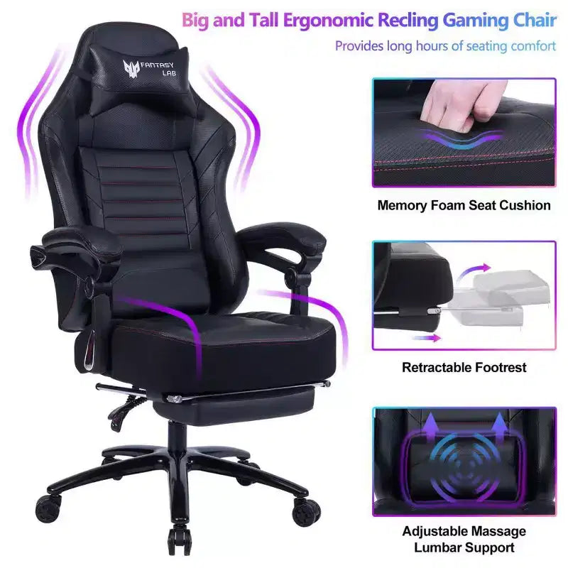 High-Back Gaming Chair, Ergonomic Office Chair with Foldable Footrest, Height-Adjustable Comfy Chair for Study, Gaming Room