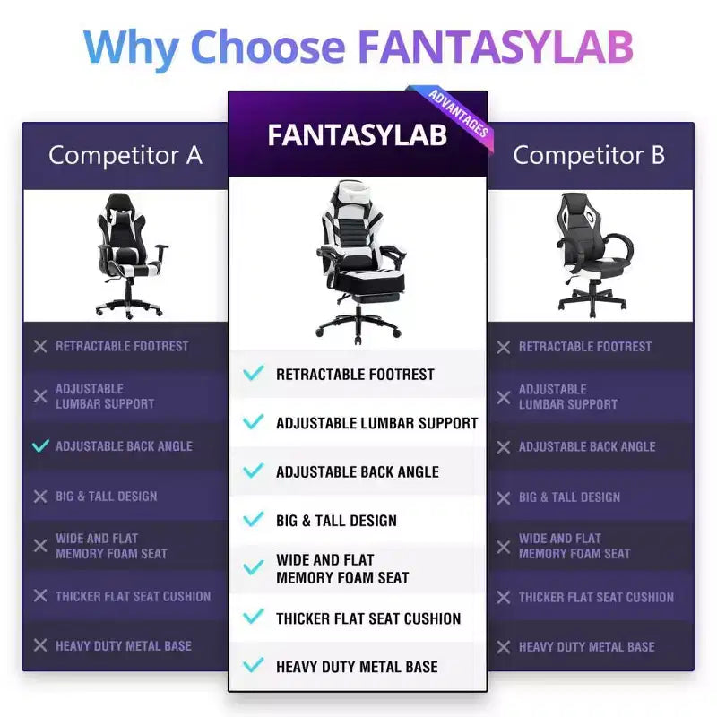 High-Back Gaming Chair, Ergonomic Office Chair with Foldable Footrest, Height-Adjustable Comfy Chair for Study, Gaming Room