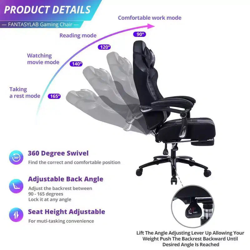 High-Back Gaming Chair, Ergonomic Office Chair with Foldable Footrest, Height-Adjustable Comfy Chair for Study, Gaming Room