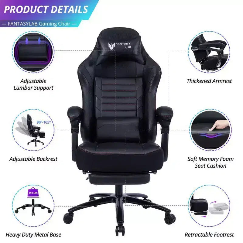 High-Back Gaming Chair, Ergonomic Office Chair with Foldable Footrest, Height-Adjustable Comfy Chair for Study, Gaming Room