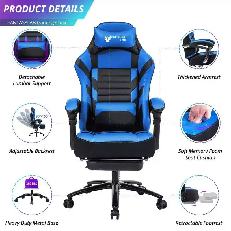 High-Back Gaming Chair, Ergonomic Office Chair with Foldable Footrest, Height-Adjustable Comfy Chair for Study, Gaming Room