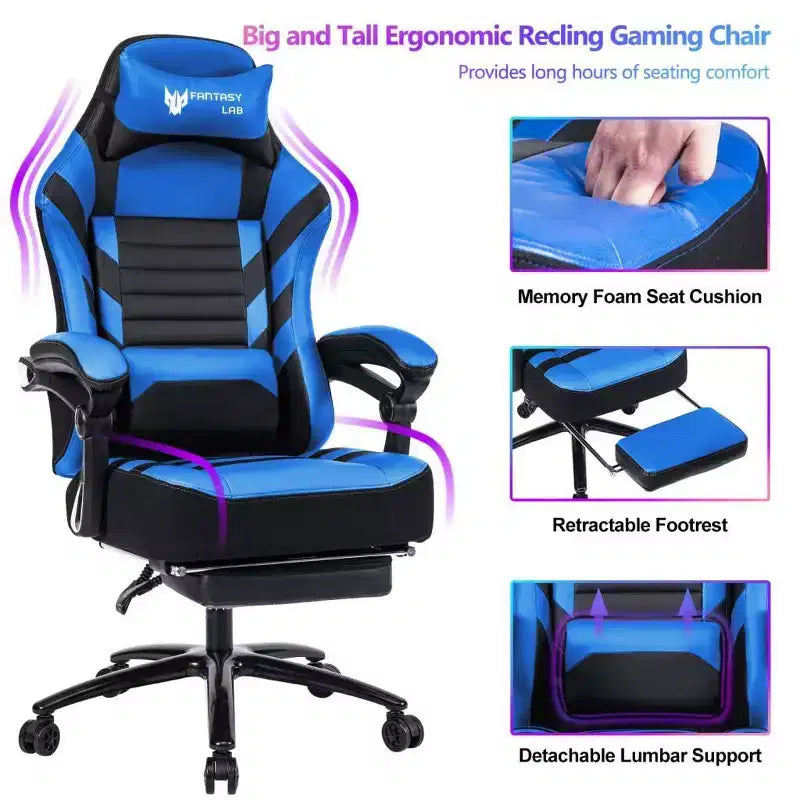 High-Back Gaming Chair, Ergonomic Office Chair with Foldable Footrest, Height-Adjustable Comfy Chair for Study, Gaming Room