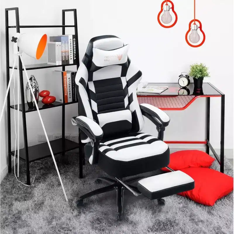 High-Back Gaming Chair, Ergonomic Office Chair with Foldable Footrest, Height-Adjustable Comfy Chair for Study, Gaming Room